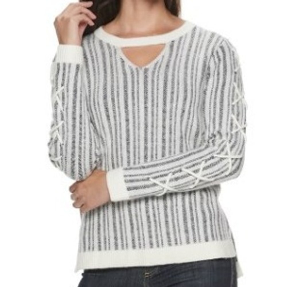 NWT Rock & Republic Women's Lace Up‎ Sleeve Ribbed Crewneck Sweater XL Cream